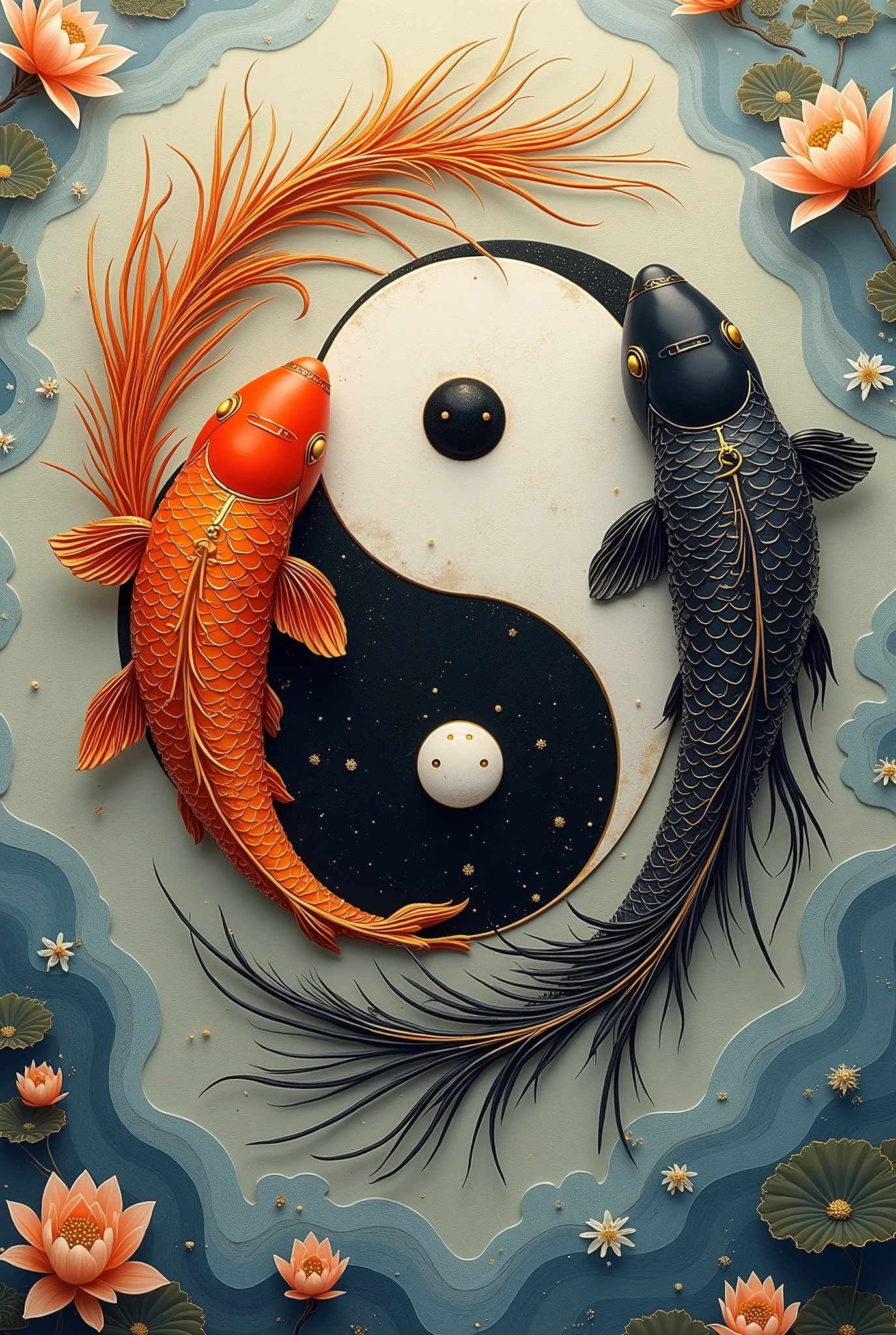 Imagem de Ying yang no centro da imagem fine-detailed, Koi fish around the Ying yang, fine-detailed, wallpaper