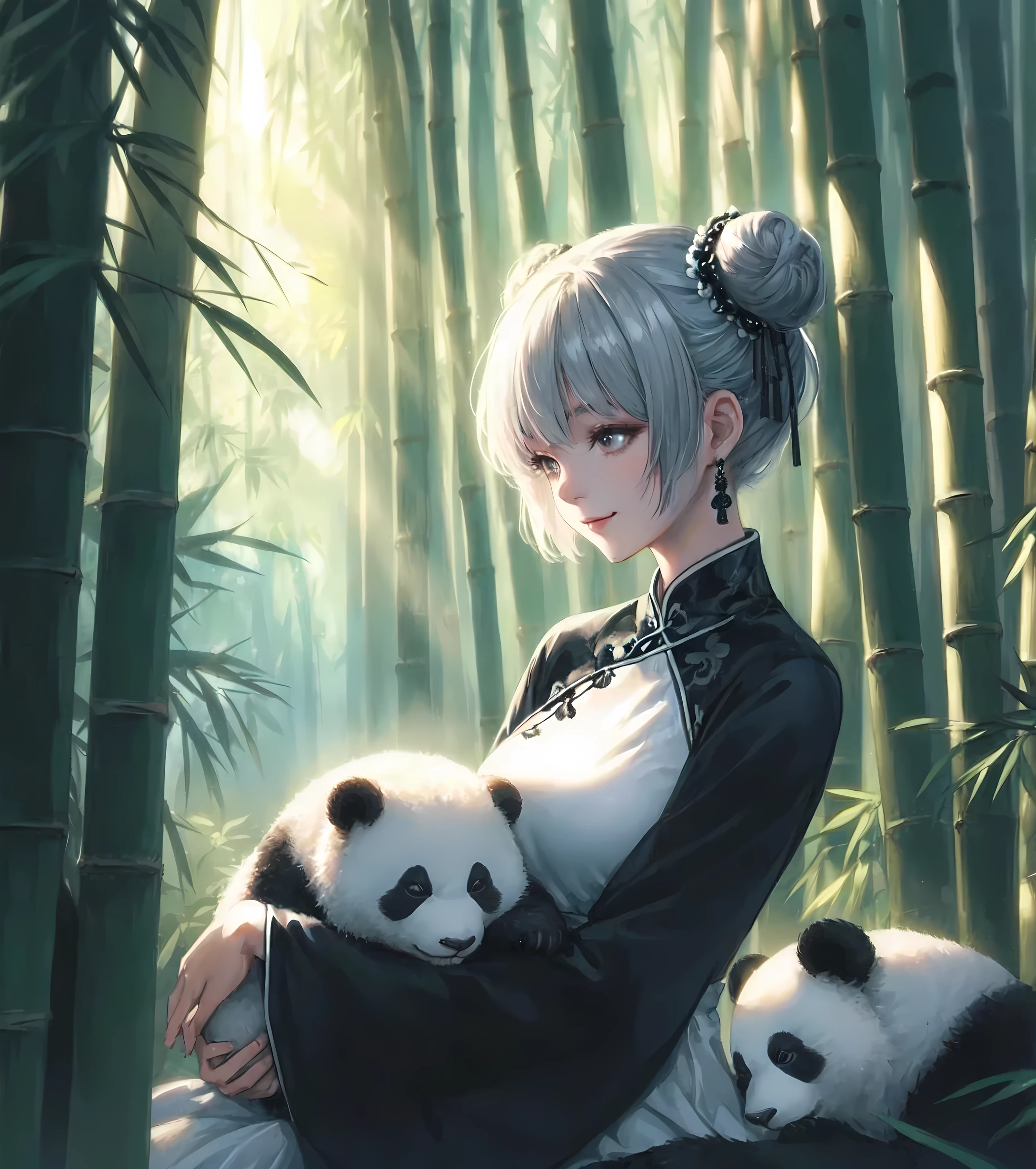 1lady solo, (gently holding panda), (elegant cheongsam) (white and black theme), (mature female:0.8), /(silver white short hair/) bangs, ((twin buns) covered with black caps), warm smile, (masterpiece best quality:1.2) delicate illustration ultra-detailed, large breasts BREAK (frolicking small pandas), (realistic pandas) BREAK (bamboo forest) outdoors, dimly lit, tall bamboo stalks, soft lighting, detailed background
