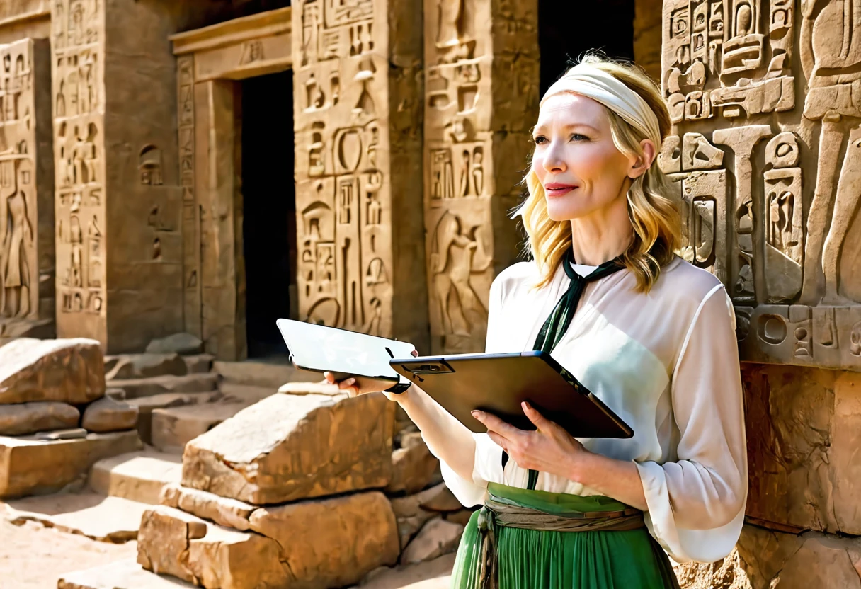 (sag)Cate Blanchett, age 25, age 25, British Expedition hat, Sheer white top tied above belly, Sheer green dress, no underwear, holding a tablet, desert ruins with hieroglyphs,