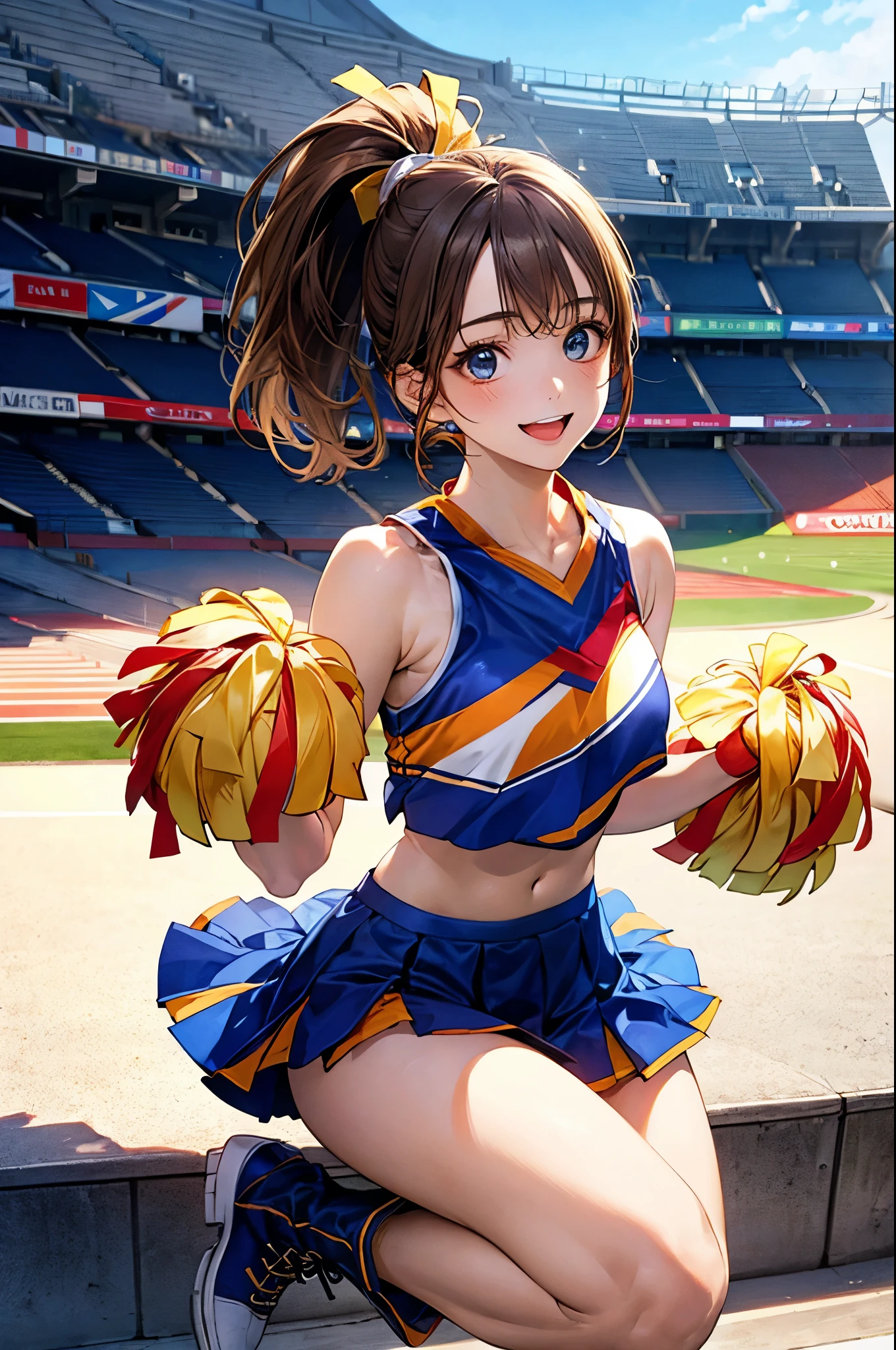 (masterpiece:1.2, Highest quality), (Realistic, photoRealistic:1.4), Beautiful illustrations, (Natural Side Lighting, Cinema Lighting), Depth of written boundary, Backlight,
View your viewers, 1 person, Japanese, high school girl, , Perfect Face, Cute and symmetrical face, Glowing Skin,
(Mid-length hair, High Ponytail, Light brown hair), Asymmetrical bangs, blue eyes, Long eyelashes, (Medium chest), Cute round face, Beautiful Makeup,
Beautiful Hair, Beautiful Face, Beautiful attention to detail, Beautiful clavicle, Beautiful body, Beautiful breasts, Beautiful thighs, Beautiful feet, Beautiful fingers,
((Sleeveless cheerleader:1.2), boots),
(Beautiful views), evening, (Stadium Background:1.2), very cute, Raise your arms, Underarm, (Cute smile, Open your mouth),