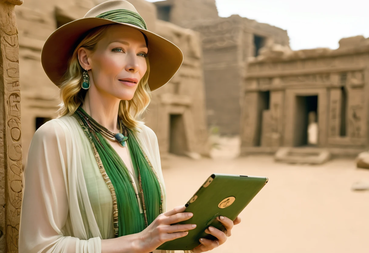 (sag)Cate Blanchett, age 25, age 25, British Expedition hat, Sheer white top tied above belly, Sheer green dress, no underwear, holding a tablet, desert ruins with hieroglyphs,