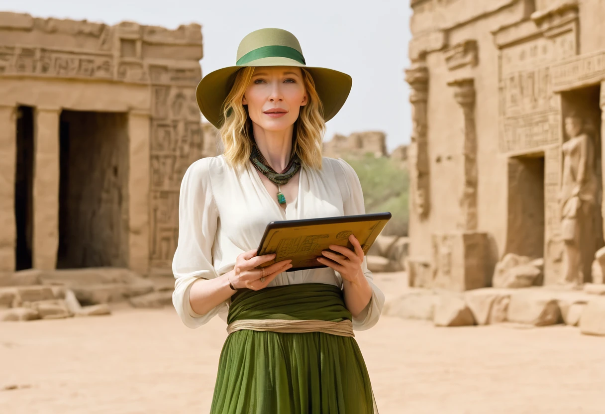 (sag)Cate Blanchett, age 25, age 25, British Expedition hat, Sheer white top tied above belly, Sheer green dress, no underwear, holding a tablet, desert ruins with hieroglyphs,