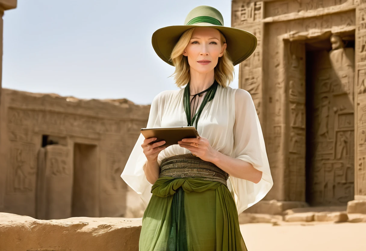 (sag)Cate Blanchett, age 25, age 25, British Expedition hat, Sheer white top tied above belly, Sheer green dress, no underwear, holding a tablet, desert ruins with hieroglyphs,