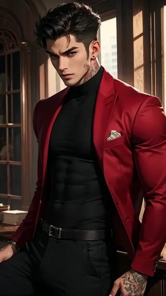 a muscular man, handsome detailed face, short black hair, open blood red velvet jacket, sexy expression, looking directly at viewers romantically, black pants, tattooed chest,