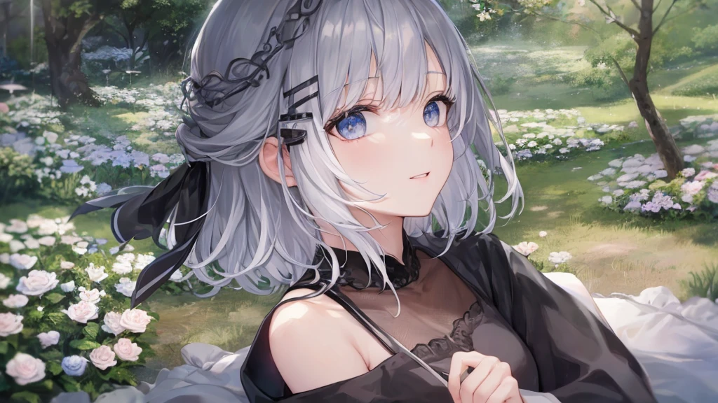 Open your mouth、Flower Field、Her eyes were shining、Mysterious and enchanting atmosphere。With AI Painting、とてもshort hair, Long bangs between the eyes, Very detailed,(masterpiece、Highest quality)、alone、Gray Hair、Fantasy, Silver Hair, Fantasyな風景、smile、Open your mouth、short hair、short hair、hairpin、black eye、Grey Eyes、Beautiful Eyes、Black Shirt、White hoodie