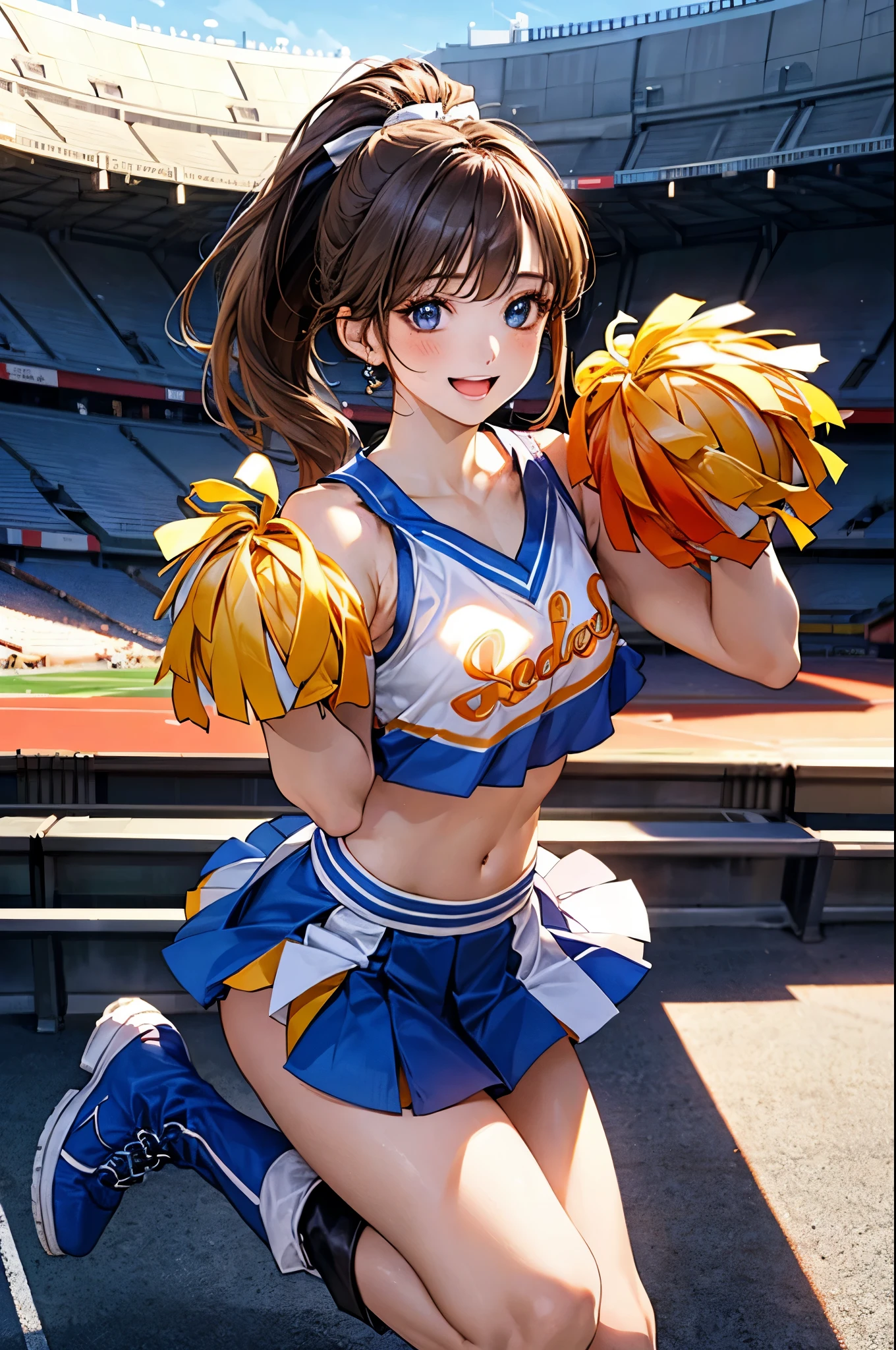 (masterpiece:1.2, Highest quality), (Realistic, photoRealistic:1.4), Beautiful illustrations, (Natural Side Lighting, Cinema Lighting), Depth of written boundary, Backlight,
View your viewers, 1 person, Japanese, high school girl, , Perfect Face, Cute and symmetrical face, Glowing Skin,
(Mid-length hair, High Ponytail, Light brown hair), Asymmetrical bangs, blue eyes, Long eyelashes, (Medium chest), Cute round face, Beautiful Makeup,
Beautiful Hair, Beautiful Face, Beautiful attention to detail, Beautiful clavicle, Beautiful body, Beautiful breasts, Beautiful thighs, Beautiful feet, Beautiful fingers,
((Sleeveless cheerleader:1.2), boots),
(Beautiful views), evening, (Stadium Background:1.2), very cute, Raise your arms, Underarm, (Cute smile, Open your mouth),