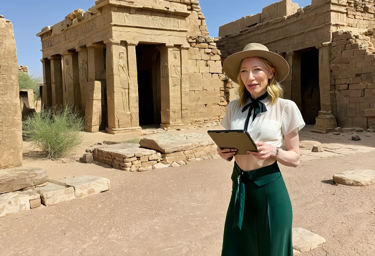 (sag)Cate Blanchett, age 25, age 25, British Expedition hat, Sheer white top tied above belly, Sheer green dress, no underwear, holding a tablet, desert ruins with hieroglyphs,