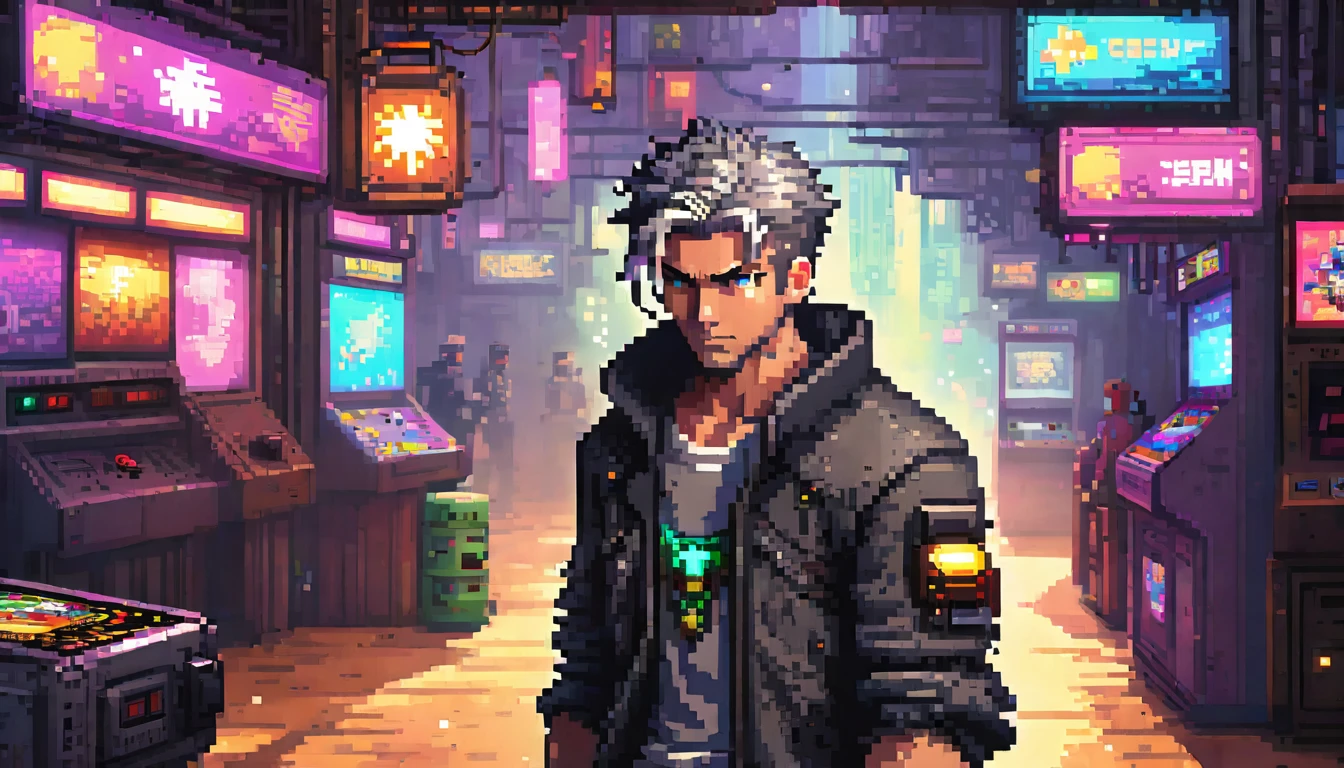 pixel art,
((masterpiece)),(((best quality))),((illustration)),(depth of field:1.2),
solo,dynamic angle,(1 mature male:1.3), homem na moto observado a paisagem futurista,bangs,headphones,blue eyes,grey hair,(disheveled hair),(jacket|hoodie),jeans,thigh strap,hands in pocket,cowboy shot,
Moody Lighting,(arcade games:1.1),(Game Center:1.5),(Game Hall:1.1),(backlight:1.3),intricate detail,cyberpunk,claw crane game machine,(crowd:1.1),
(Pixel particles exploding:1.2),