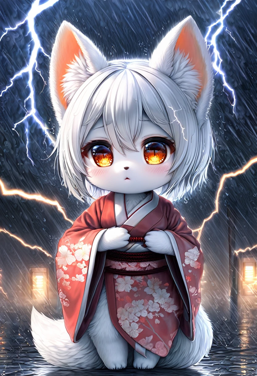 cute white fox girl, wearing Japanese Kimono, background heavy rain, thunder, lightning, (ultra detailed, absolutely resolution, best quality:1.3)