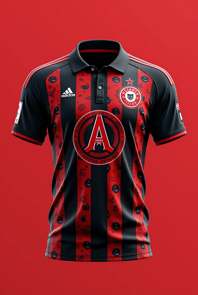 Make an Atlanta soccer team shirt with the city colors and the city crest and more details, but without having the building plans of the city and without stripes