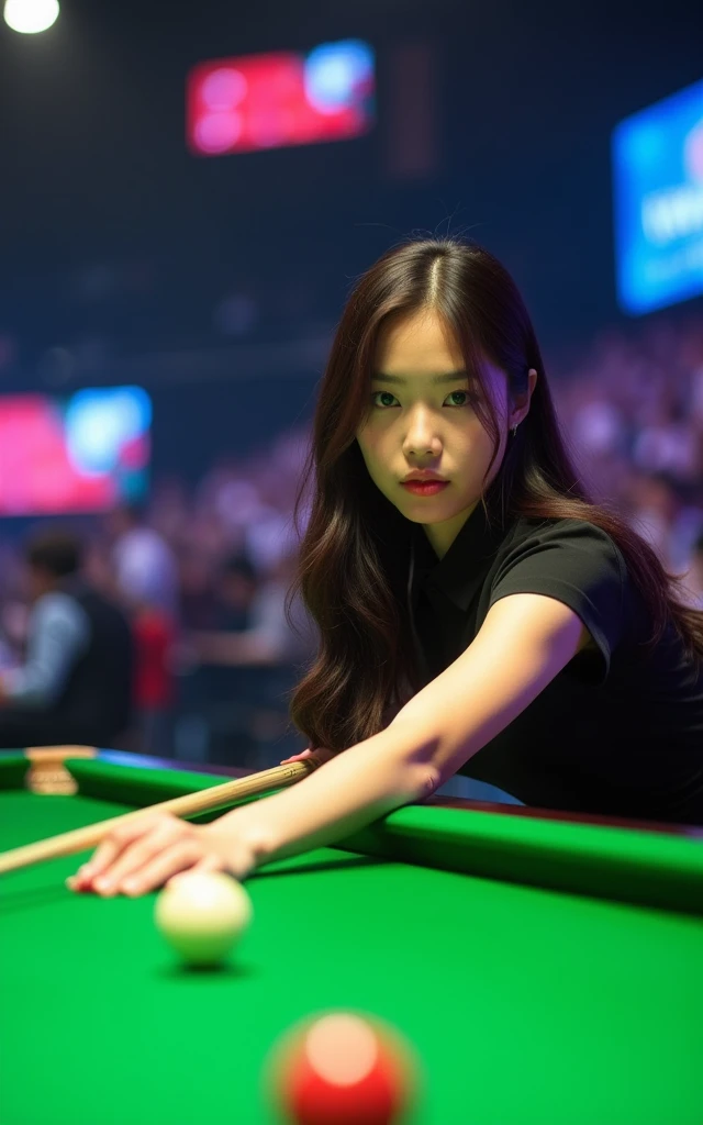 Women's Snooker，18-year-old Korean beauty，Fair skin，Focus，Billiards Masters Final Background，Professional Arena