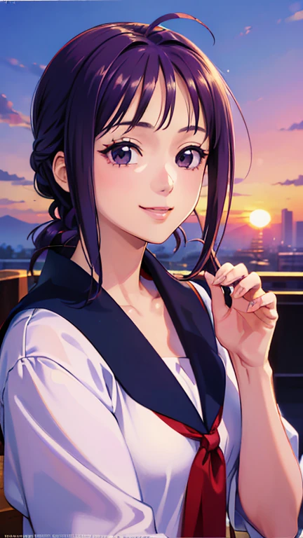 ((masterpiece, Highest quality, Highest quality, Official Art, beautifully、beautiful:1.2)),((masterpiece)),((Vibrant colors)),((Ayako Katagiri)),((幸せそうなsmile)),((smile)),((looks fun)),(one piece),(((Side bust))),(sunset)