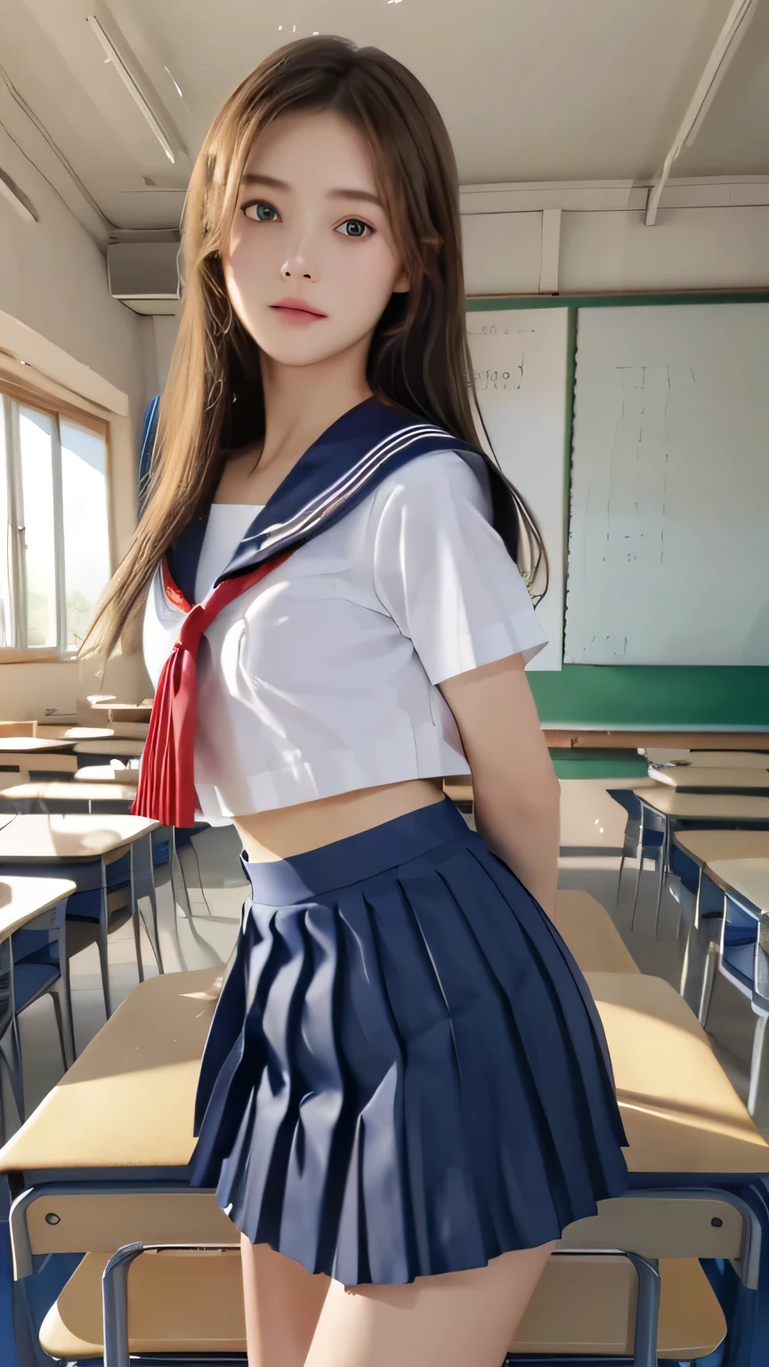 Non-NSFW、Real、(Highest quality), (masterpiece)、Ultra-high resolution、RAW Photos, (upper body), (in classroom:1.5), Fantasy、Looking into the camera、alone、(elemental Sylph:1.1), Beautiful Spirit、Super Beauty, (immature:1.2), (16years-old:1.2)、Moisturized Skin、Perfect model body、Beautiful Eyes、Big eyes, (brown eyes:1.2)、Inconspicuous tear bags、slim、No bra、Beautiful fingers、Very long hair、highly saturated photos, clavicle, Splash, attractive,skinny, (sad:1.4), no_panties, (Small breasts:1.6), Nipples, (brown hair), (Waist-length hair:1.5), Small Ass, lips, (sailor uniform:1.5),(Checked blue skirt:1.2),(red tie:1.2), (pleated miniskirt :1.5),(high heels:1.1), (Several poses:1.1)