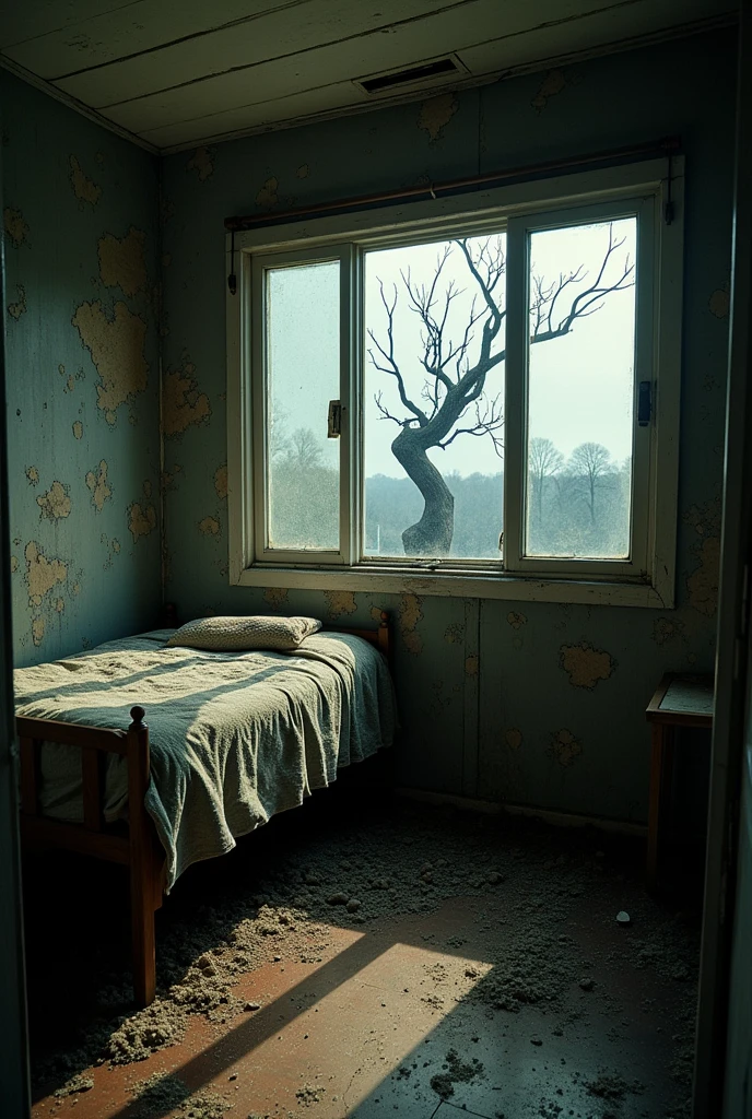 mobile room interior single bed against window, old mobile, old, and dirty, We can see a dead tree through the window.