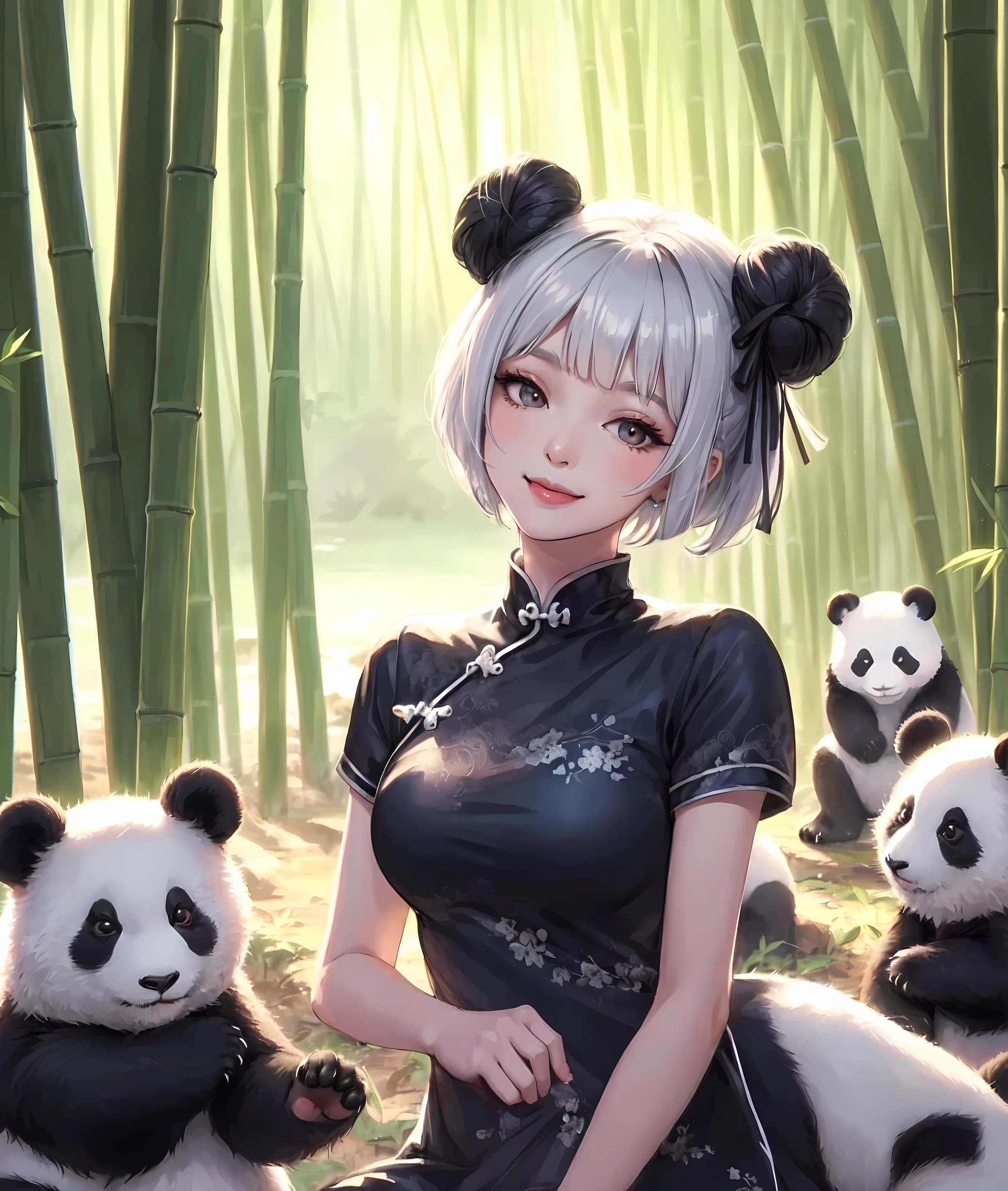 1lady solo, (playing with pandas), (elegant cheongsam) (white and black theme), (mature female:0.8), /(silver white short hair/) bangs, ((twin buns) covered with black caps), kind smile, (masterpiece best quality:1.2) delicate illustration ultra-detailed, large breasts BREAK (frolicking small pandas), (realistic pandas) BREAK (bamboo forest) outdoors, dimly lit, tall bamboo stalks, soft lighting, detailed background