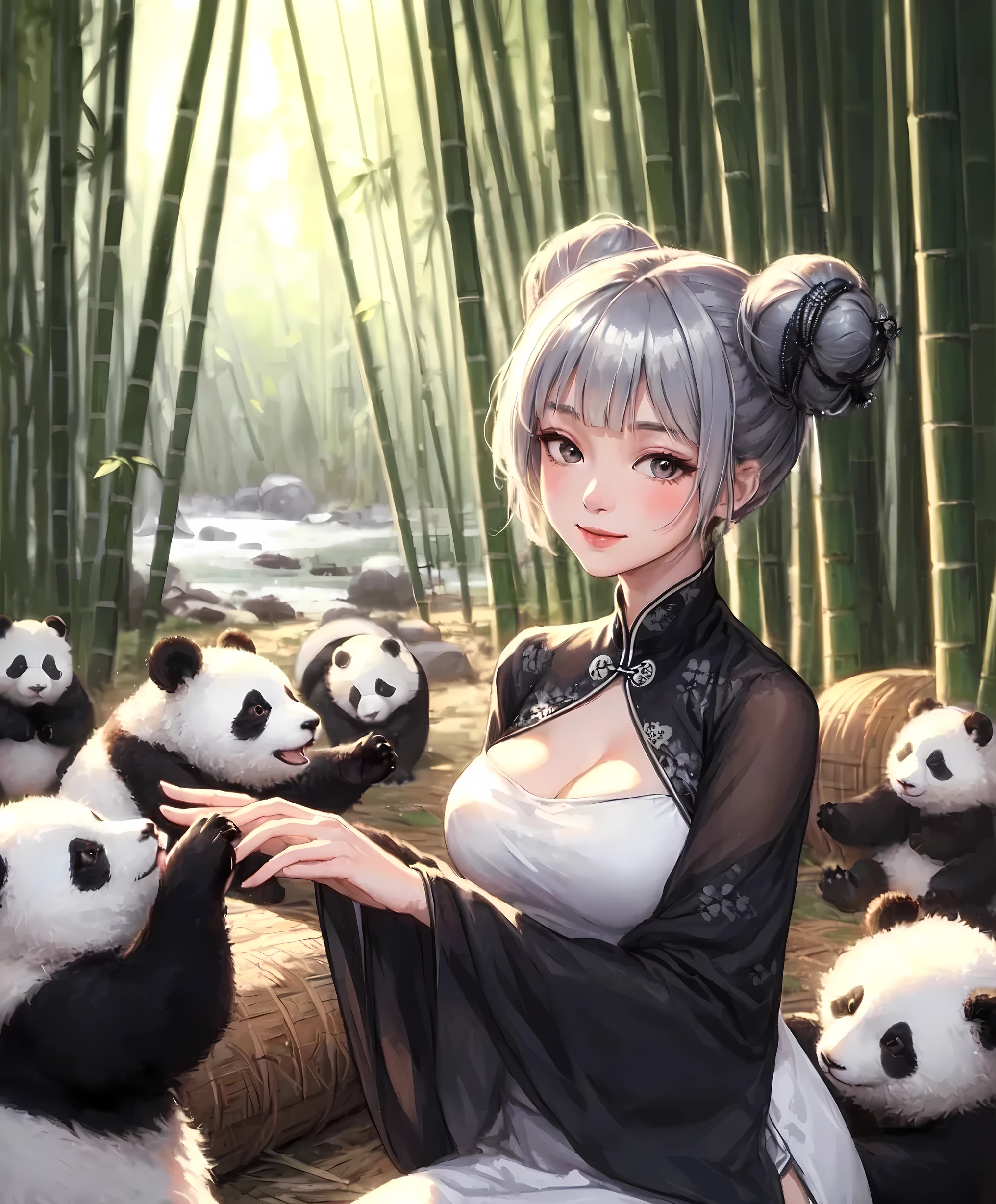 1lady solo, (playing with pandas), (elegant cheongsam) (white and black theme), (mature female:0.8), /(silver white short hair/) bangs, ((twin buns) covered with black caps), kind smile, (masterpiece best quality:1.2) delicate illustration ultra-detailed, large breasts BREAK (frolicking small pandas), (realistic pandas) BREAK (bamboo forest) outdoors, dimly lit, tall bamboo stalks, soft lighting, detailed background