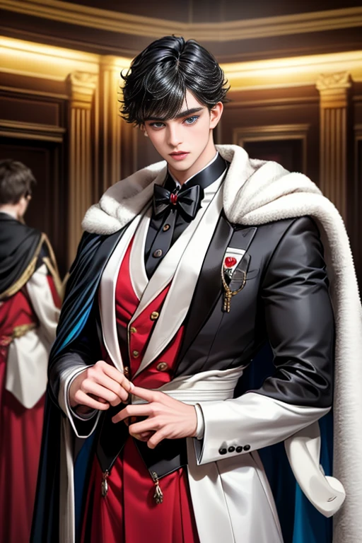 
masterpiece, 最high quality, high quality, 1 boy, alone, Male focus, Watching the audience,  Messy black hair, Adorable big blue eyes, White, Noble, Noble,A sexy, voluminous, puffy cape、tuxedo、A very voluminous, large, very large, very large, long, long red and black cape with a high stand-up collar, made of a lot of fabric that reaches down to the floor., ,Cute beautiful boys,Cute, cute, kind, handsome guy