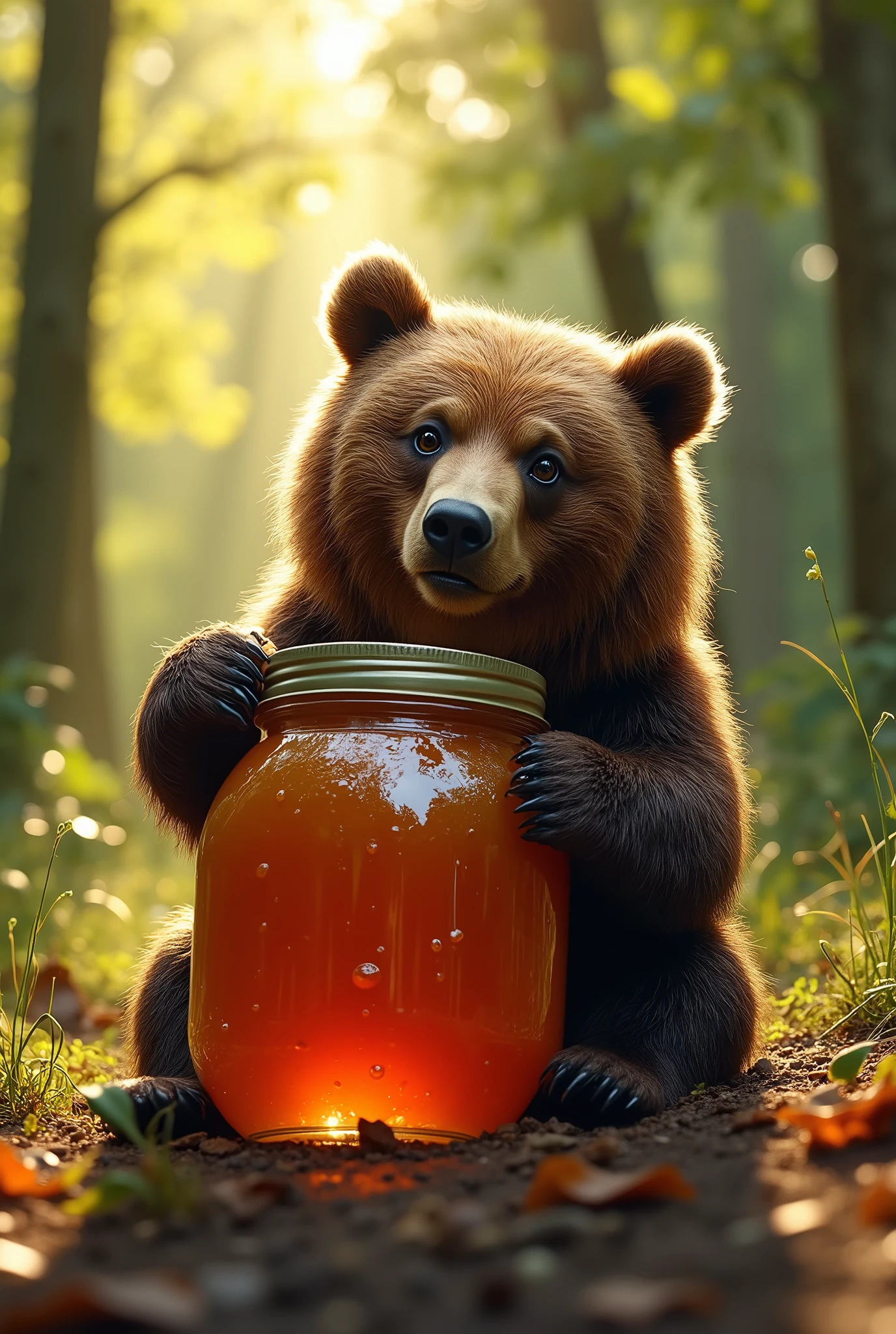 A bear trapped in a jar of jam, tight, worried, ultra realistic, cinematographic lights, image with details