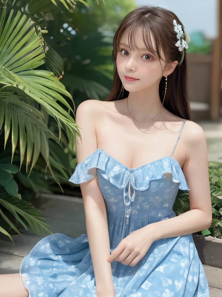 She's wearing a refreshing sky blue floral summer dress, Ultra-high resolution, Perfect description, A summer dress with bare shoulders that shows off her beautiful white skin, Realistic, 8K Photorealistic:1.5, Soft lighting, detailed, Real Full HD, 16k raw photos:1.5,