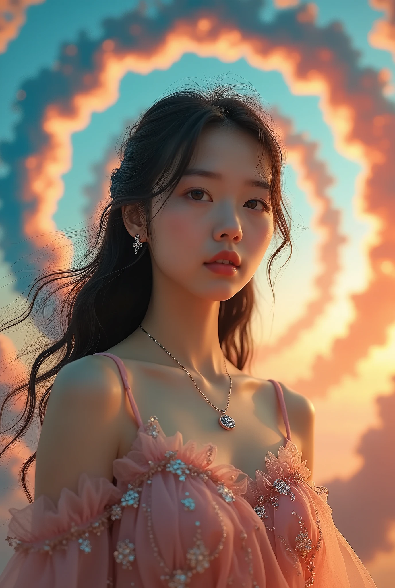 Masterpiece 32K RAW photo with best quality, ultra-detailed and insanely intricate. A dynamic angle captures a mysterious scene with spiral theme, featuring an 18-year-old beautiful Japanese girl with fair skin, kawaii features. She has brown, big eyes, casual wavy medium hair, detailed skin, and wears a detailed dress with intricate fabric, a necklace, and earrings. She is standing under the spiral beautiful and strange colorful sky, 