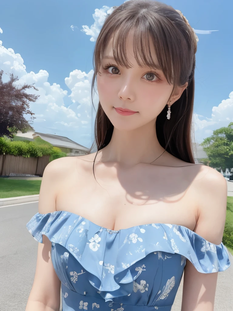 She's wearing a refreshing sky blue floral summer dress, Ultra-high resolution, Perfect description, A summer dress with bare shoulders that shows off her beautiful white skin, Realistic, 8K Photorealistic:1.5, Soft lighting, detailed, Real Full HD, 16k raw photos:1.5,