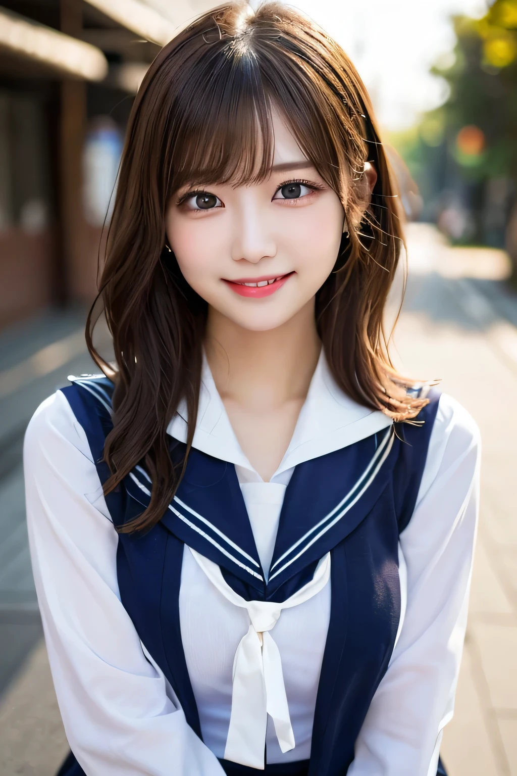 ((masterpiece)), ((Highest quality)), (Very detailed), ((cute)), cute, (cute), ((sexly)), ((Very detailed)), (Detailed eyes), (Detailed facial features), (Detailed fingers), (Detailed clothing features), 4K, (8k), (beautiful), figure, cute japanese women, 1 female, (Sailor suit:1.3), squat, beautiful light brown hair, (Short Bob:1.2), beautiful blue eyes, ((beautiful eyes)), Large Breasts, tights, hair ornaments, smile, White teeth, blush, School, evening, Lens flare, Shiny