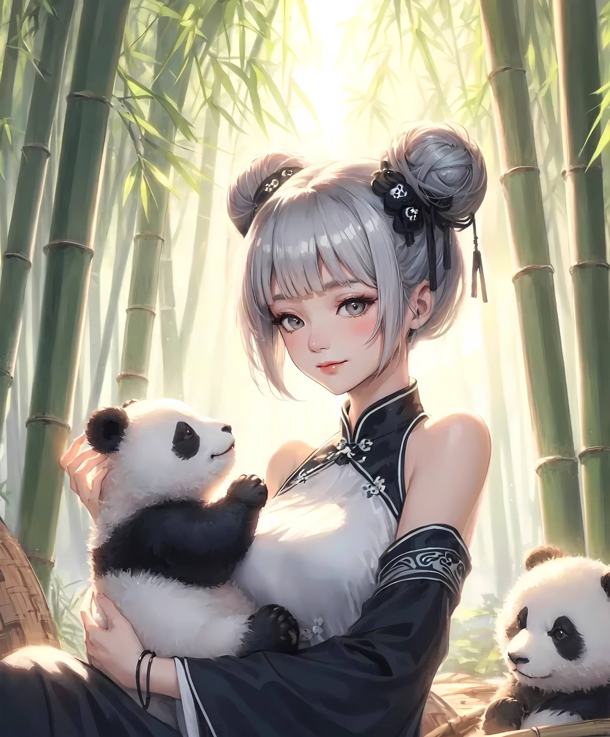1lady solo, (gently holding panda), (elegant cheongsam) (white and black theme), (mature female:0.8), /(silver white short hair/) bangs, ((twin buns) covered with black caps), warm smile, (masterpiece best quality:1.2) delicate illustration ultra-detailed, large breasts BREAK (frolicking small pandas), (realistic pandas) BREAK (bamboo forest) outdoors, dimly lit, tall bamboo stalks, soft lighting, detailed background
