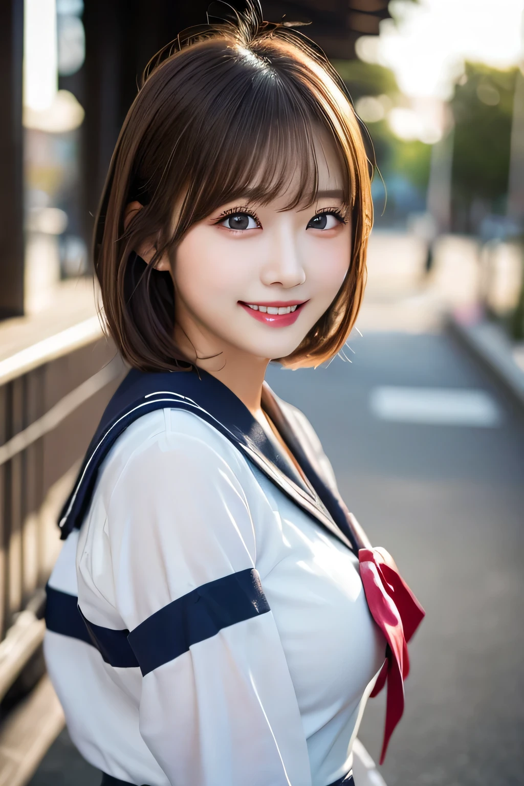 ((masterpiece)), ((Highest quality)), (Very detailed), ((cute)), cute, (cute), ((sexly)), ((Very detailed)), (Detailed eyes), (Detailed facial features), (Detailed fingers), (Detailed clothing features), 4K, (8k), (beautiful), figure, cute japanese women, 1 female, (Sailor suit:1.3), squat, beautiful light brown hair, (Short Bob:1.2), beautiful blue eyes, ((beautiful eyes)), Large Breasts, tights, hair ornaments, smile, White teeth, blush, School, evening, Lens flare, Shiny