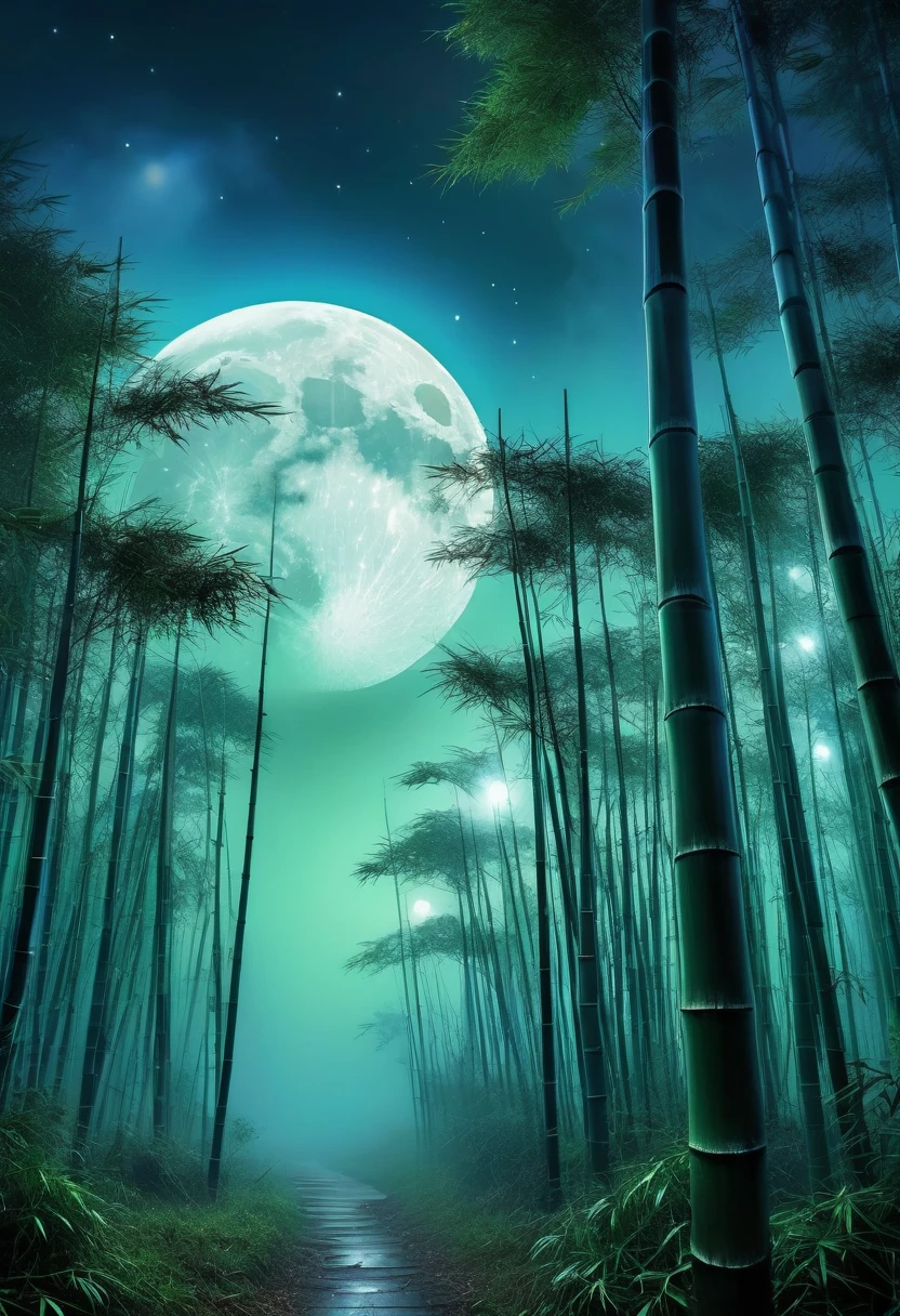 
               (Only the bamboo forest treetops and full moon are visible) 在月光下竹林  close up ( Look from the bottom up) close up 


               (Only Treetops and Full Moon are Visible.)Moonlight Pierces Through the Gaps in the Trees. high dynamic range, super high quality, The Tyndall effect. Layers of blue-green mist, splendid，shining,

                     The presence of the moon feels alien. Thick fog envelops the surroundings.. Foggy environments convey a sense of mystery and suspense Stunning

                    The Tyndall effect Ethereal glow Detailed portrayal of a surreal dream-like world Sharp focus, Writing Depth,

                              The best shadow, Perfect light, high dynamic range, Realistic textures, Super Detailed Background Wide-Angle Lens