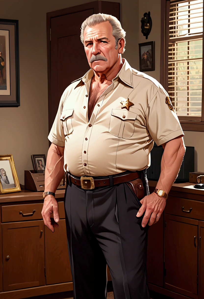 (8K, top-quality, masterpiece: 1.2), (Age: 60, White man, retired sheriff ), (Disgusting, Horny: 1.1), (Muscular, Chubby: 1.1), (Kind: 1.3), (Wearing a shirt unbuttoned to the navel, Mature Daddy), (Dress Pants: 1.3), (Very Hairy chest and belly, Small Hard Nipple), (Visible Bulge), (Loafer: 1.2),

Imagine a masterpiece of an image, captured in the highest resolution of 8K, showcasing a white man in his sixties, playing the role of a retired sheriff