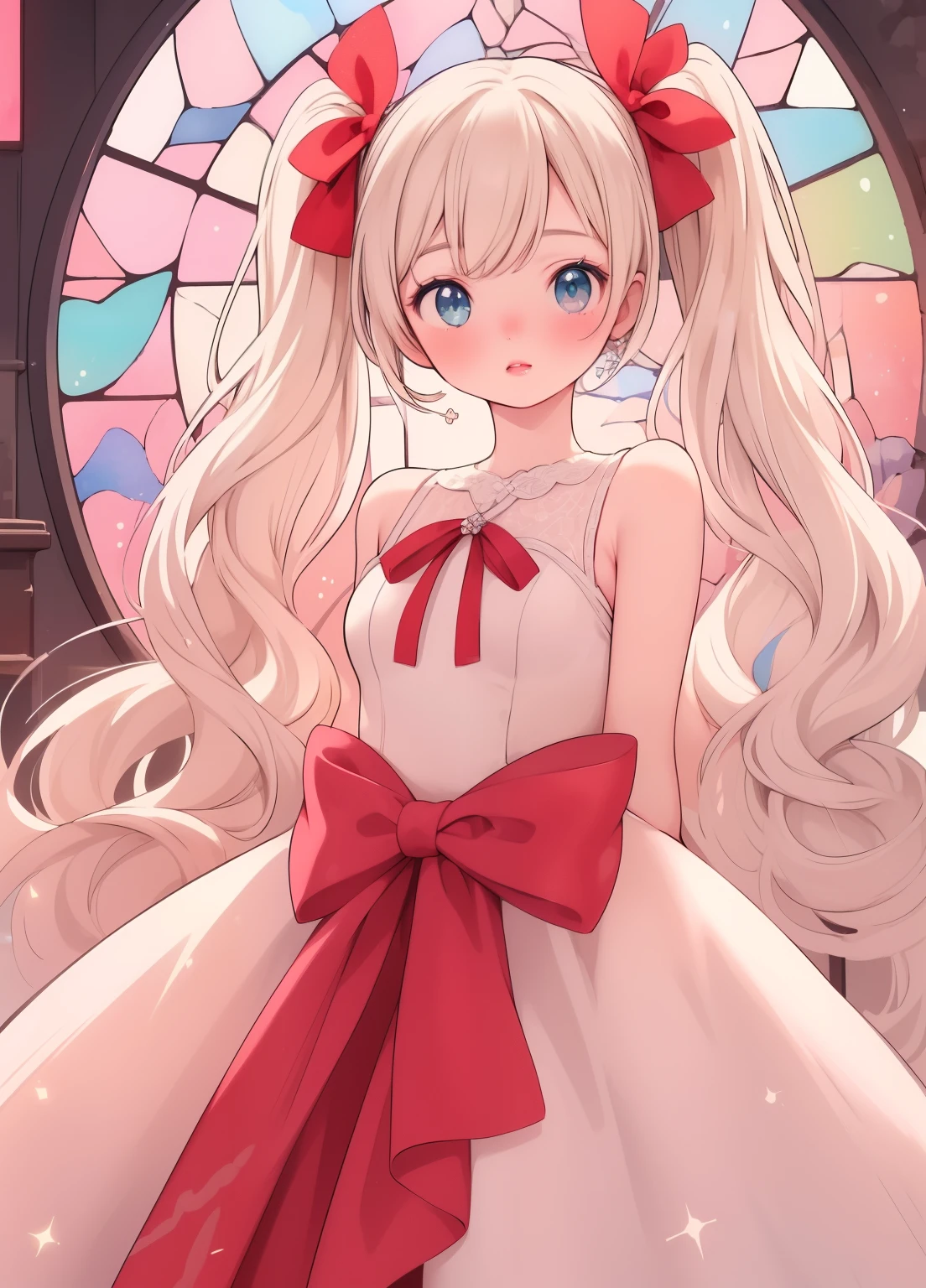 (masterpiece、Highest quality、Highest quality、Official Art、Beautiful and beautiful:1.2)、(One person:1.3)Hatsune Miku、Twin tails,Beautiful breasts, Katsushika Hokusai,Cowboy Shot, masterpiece:1.2, 32K, Very detailed:1.2, Realistic:1.37, a cute [person] in front of a church altar, with a big cute red ribbon around their waist:1.2, Beautiful delicate (hair, eye, lips, skin, Stained glass, background), sparkling eye, platinum blond straight hair, Pure white wedding dress(Bare shoulders, Sleeveless), A colorful illustration, A fun pose 