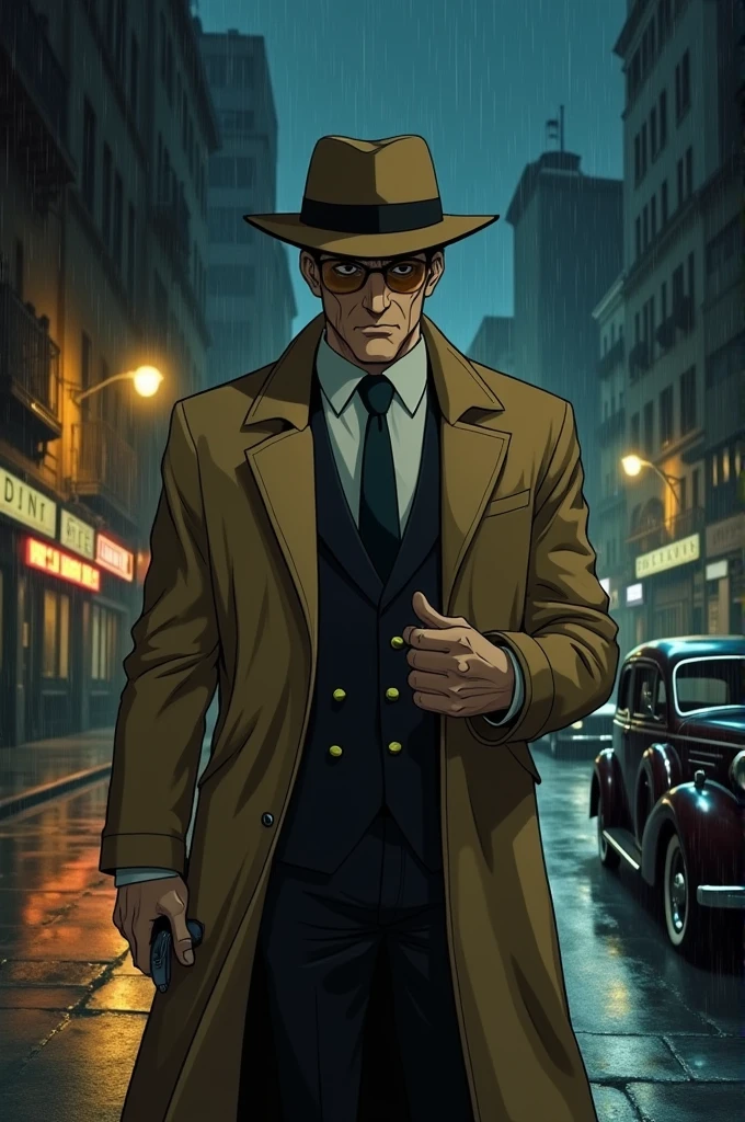 A character resembling Inspector Zenigata from the anime "Lupin the Third." The character should have a strong, square jaw, a serious expression, and a rugged appearance. He wears a classic beige trench coat, a wide-brimmed brown fedora hat, and a dark suit underneath. The character holds a police badge in one hand and is depicted in an action pose, as if in pursuit. The background is a dimly lit, rainy urban street, with vintage cars and shadowy buildings. The overall mood should be intense and cinematic, with dramatic lighting and muted colors.