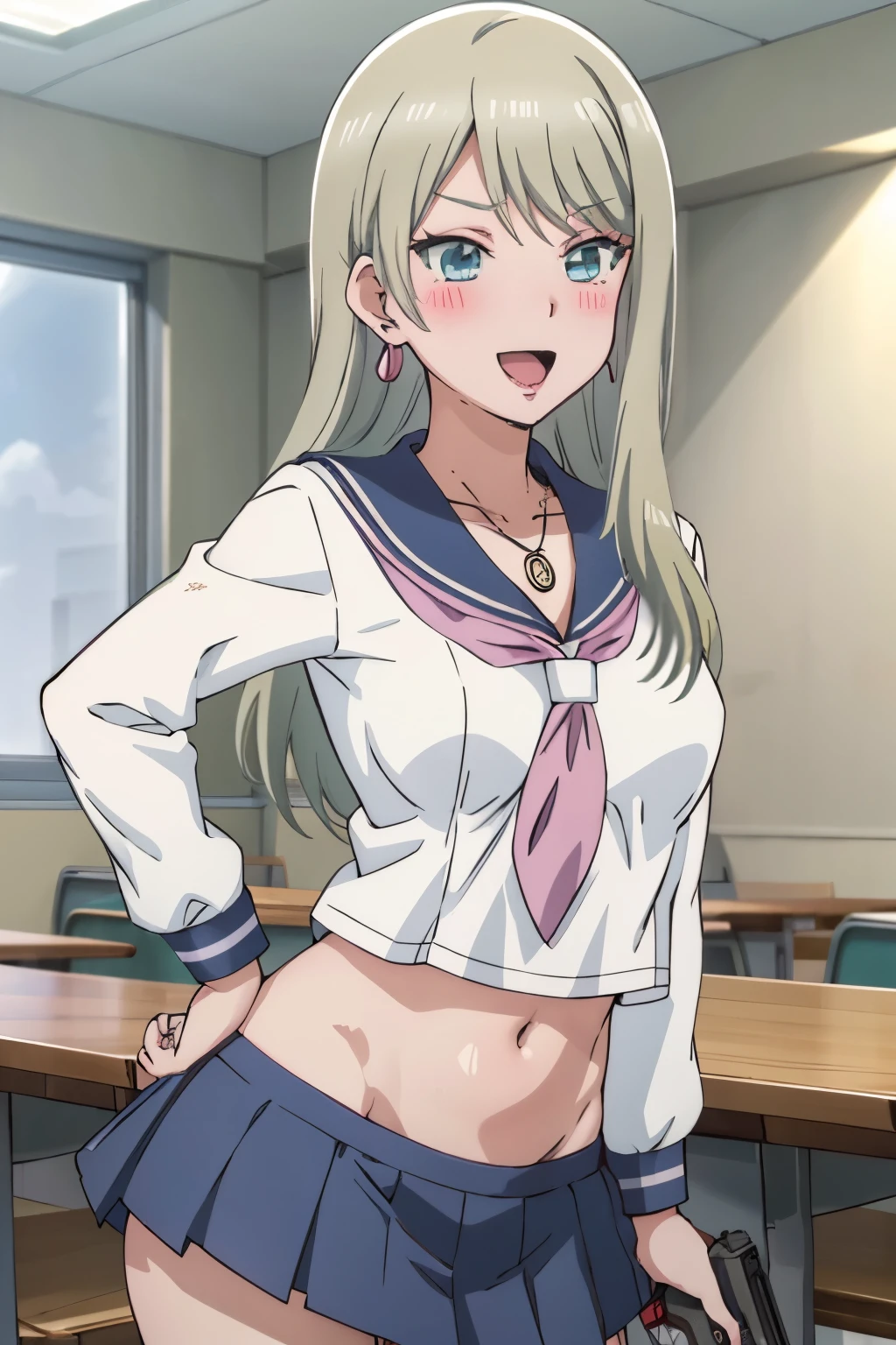 solo, 1girl, lily someya, necklace, blush, lipstick, jewelry, earrings, Hot girl, baddie, mean girl, sensual, attractive, masterpiece, best quality, highly detailed, a anime girls in sailor uniforms with a gun posing for a picture,
evil smile, smile, open mouth,black_serafuku, ecchi anime style, anime girls , (nsfw) not safe for work,
ecchi style, ecchi, shipgirls, digital anime art!!, high school girls, holding a gun, hold a gun, anime style 4
k, micro skirt, exposed belly, exposed navel, exposed midriff, holding pistol,underboob,
exposed lower belly,school, classroom