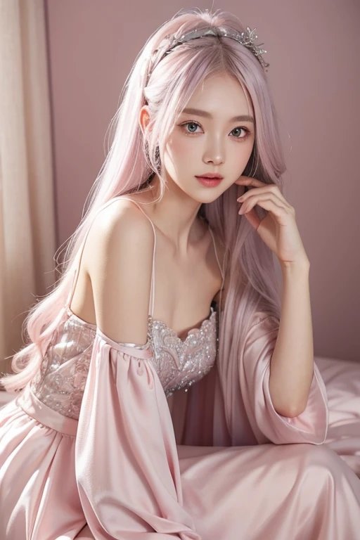 Pink silver-haired girl, Long hair wearing a pale pink dress, Exquisite details,Girls' Frontline, guweiz style artwork, Popular topics on cgstation, from Girls' Frontline, Guvez, IG Model,artistic germ, cgstation trends, author:Yang Jie,Realistic anime girl rendering,slim figure,Very thin,flat chest,Small bust,Small waist,Slender legs and thighs,(fair),(flat chest),(Small butt),(Thin strap lingerie),Pale pink lingerie, bright colors,Maximum pixel count,Photo quality image,people,(((flat chest))),(Elongated full body silhouette),(fair),Increase saturation,