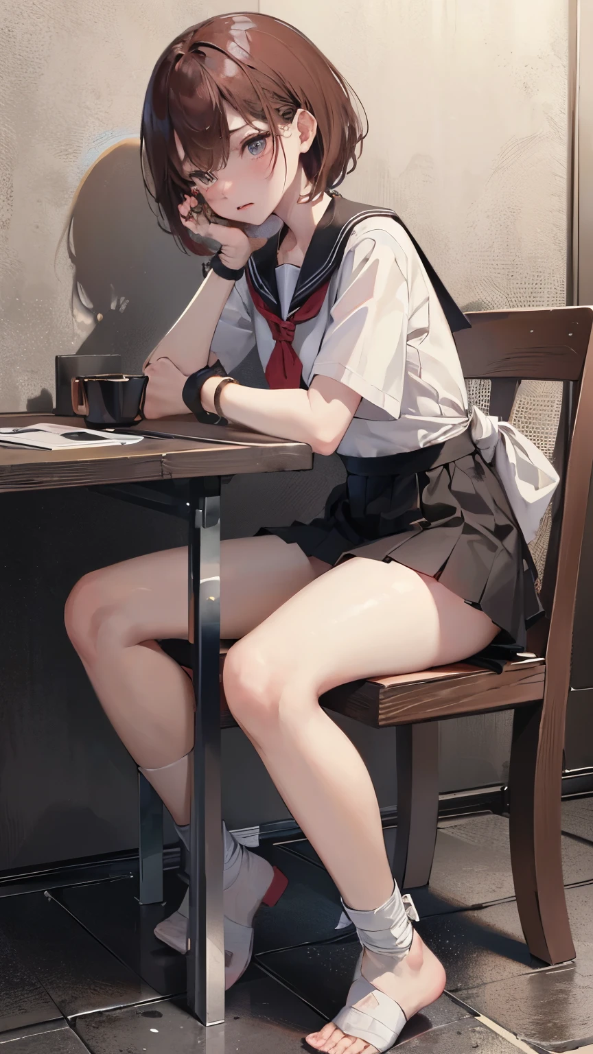 nsfw,Highest quality、8k.RAW Photos、real world、 (blush, fear, Are crying),Black short bob、 (Head and both wrists、Tortured with both ankles tied to a chair:1.8), (Tight clothing, Short sleeve, mini skirt, Sailor suit), (underground室内, underground:1.5), (Wrist cuff, Ankle cuffs, Wrists tied, Tie your ankles), Perfect body, Detailed face, Detailed eyes, whole body、