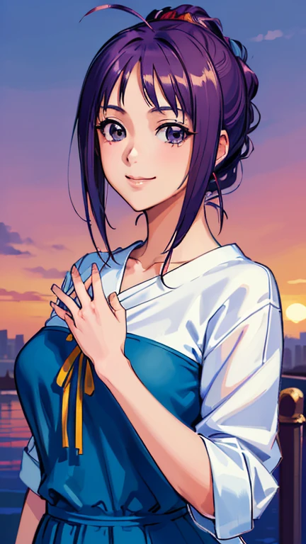 ((masterpiece, Highest quality, Highest quality, Official Art, beautifully、beautiful:1.2)),((masterpiece)),((Vibrant colors)),((Ayako Katagiri)),((幸せそうなsmile)),((smile)),((looks fun)),(one piece),(((Side bust))),(sunset)