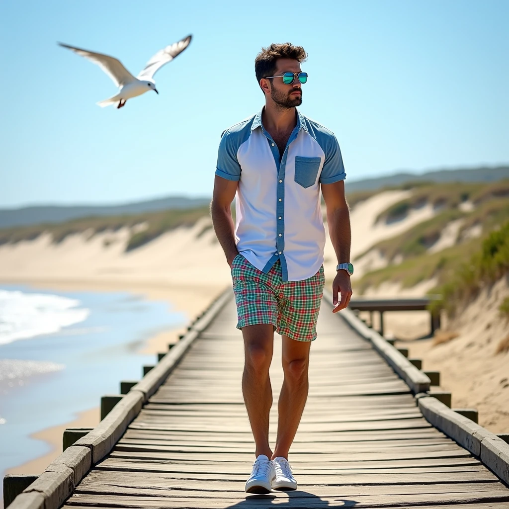 A white man, aged 35, model type, with short dark hair, with blue eyes, wearing a white and blue buttoned up shirt, Mirrored Sunglasses, green and red checkered shorts,  tennis, walking on a wooden pier going to a beach in the Alentejo