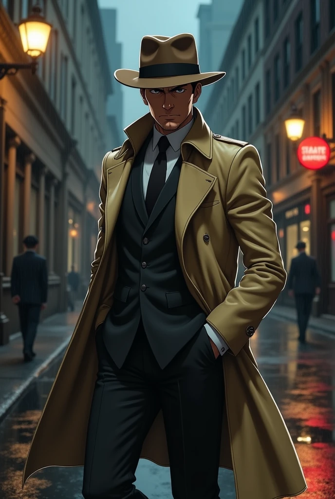 A character resembling Inspector Zenigata from the anime "Lupin the Third." The character should have a strong, square jaw, a serious expression, and a rugged appearance. He wears a classic beige trench coat, a wide-brimmed brown fedora hat, and a dark suit underneath. The character holds a police badge in one hand and is depicted in an action pose, as if in pursuit. The background is a dimly lit, rainy urban street, with vintage cars and shadowy buildings. The overall mood should be intense and cinematic, with dramatic lighting and muted colors.
