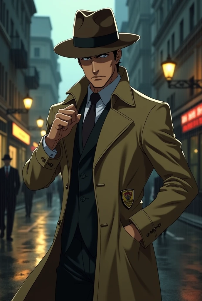 A character resembling Inspector Zenigata from the anime "Lupin the Third." The character should have a strong, square jaw, a serious expression, and a rugged appearance. He wears a classic beige trench coat, a wide-brimmed brown fedora hat, and a dark suit underneath. The character holds a police badge in one hand and is depicted in an action pose, as if in pursuit. The background is a dimly lit, rainy urban street, with vintage cars and shadowy buildings. The overall mood should be intense and cinematic, with dramatic lighting and muted colors.