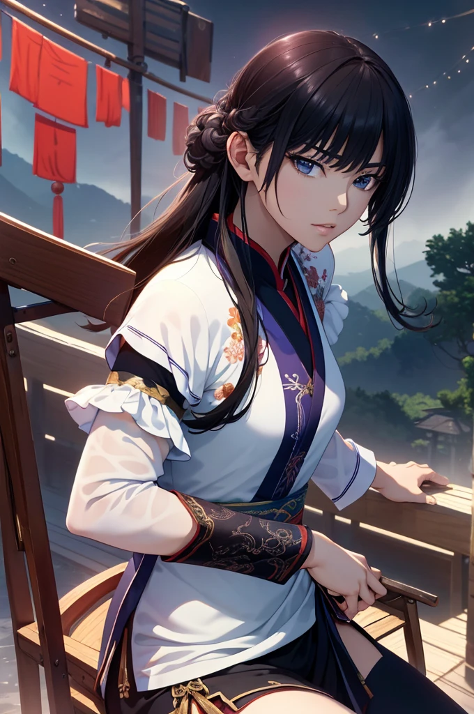 Bust of an ancient Chinese general on the battlefield, Starry sky and fog cover the landscape.Rich historical background. (Highest quality,4K,8k,High resolution,masterpiece:1.2), Very detailed, (Realistic,Realistic,Photorealistic:1.37), High resolution, Hyper HD, Studio Lighting, Ultra-fine painting, Sharp focus, Physically Based Rendering, Very detailed説明, Professional, Vibrant colors, Bokeh, Sports Late, Ancient War Landscapes, Traditional Chinese Painting Techniques, Atmospheric lighting, Dynamic Pose, Complex combat scenarios, Vivid color contrast, Visually stunning composition, Ethereal atmosphere, heroism. Black and White、whole body、Exposed legs