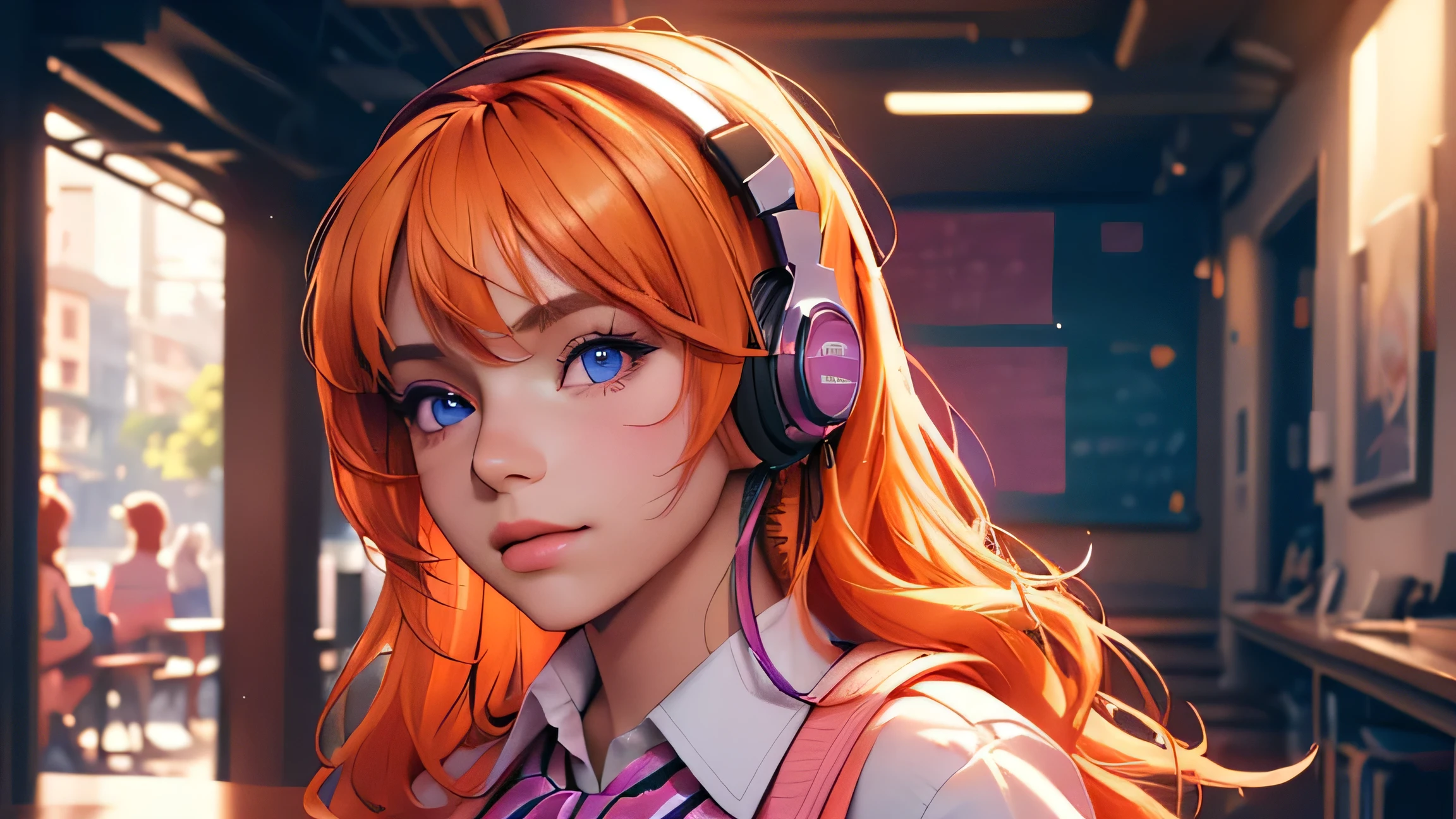 a beautiful detailed girl with bright orange hair, wearing a pink headphone, in a school uniform, with stunning purple eyes, (best quality,4k,8k,highres,masterpiece:1.2),ultra-detailed,(realistic,photorealistic,photo-realistic:1.37),detailed background, intricate details, vibrant colors, soft lighting, cinematic composition