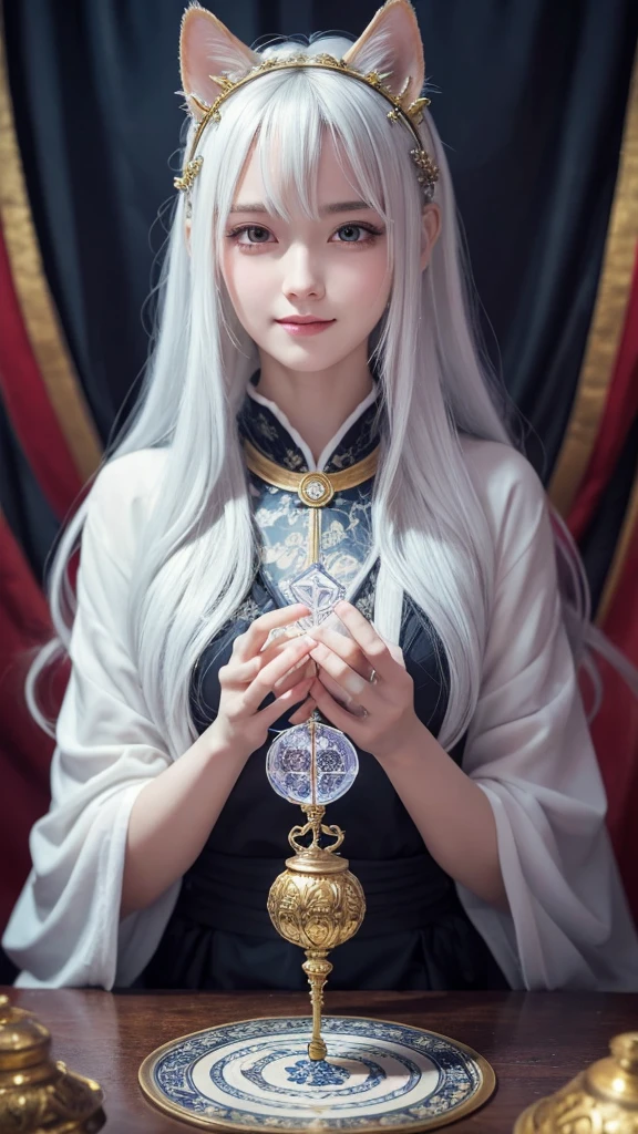 
(masterpiece, highest quality, highest quality, official art, beautiful and aesthetic: 1.2), (one girl: 1.3), wavy long hair, white hair, Cat ears on the head,highly detailed portrait, highly detailed hands, looking at the viewer, alone, (whole body: 0.6), detailed background, close, shining eyes, (cold arctic winter theme: 1.1), fortune teller, Charlatan, grin, Mysterious, sitting at the table, カラフルな肩のないゆるいジプシーfortune tellerの服, holy grail, tarot cards, Crystal jade, Medieval (inner tent: 1.1) background, tent curtain on background, dark Mysterious lighting, Shadow, magical atmosphere, starry night, dutch angle, healing and guidance, transcendental beauty, fractal art, Seaweed,