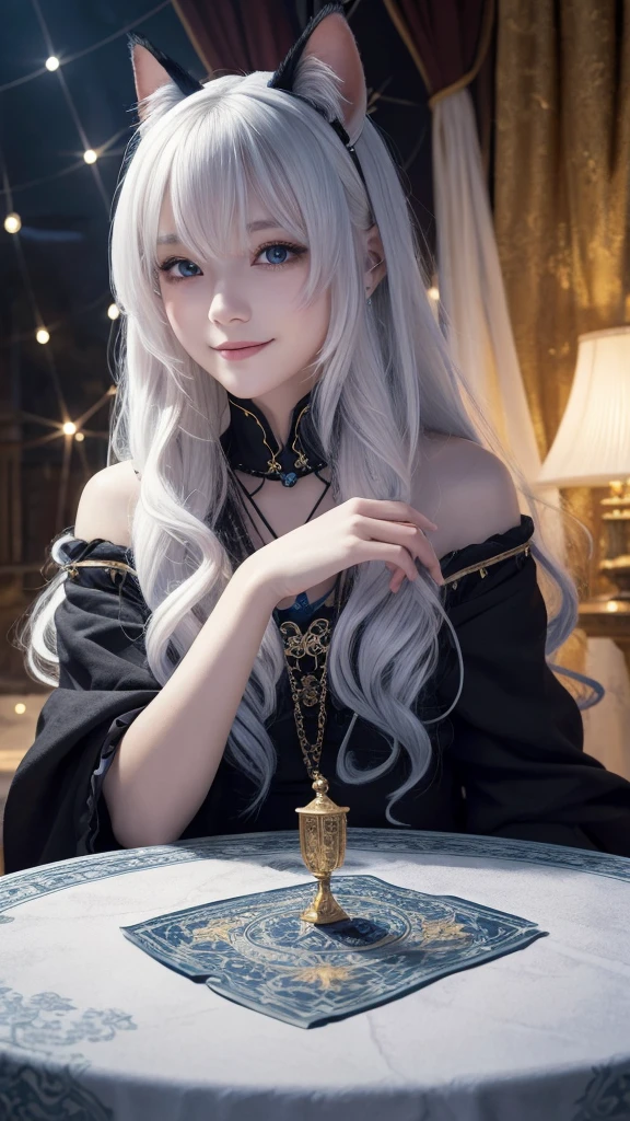 (masterpiece, highest quality, highest quality, official art, beautiful and aesthetic: 1.2), (one girl: 1.3), wavy long hair, white hair, Cat ears on the head,highly detailed portrait, highly detailed hands, looking at the viewer, alone, (whole body: 0.6), detailed background, close, shining eyes, (cold arctic winter theme: 1.1), fortune teller, Charlatan, grin, Mysterious, sitting at the table, カラフルな肩のないゆるいジプシーfortune tellerの服, holy grail, tarot cards, Crystal jade, Medieval (inner tent: 1.1) background, tent curtain on background, dark Mysterious lighting, Shadow, magical atmosphere, starry night, dutch angle, healing and guidance, transcendental beauty, fractal art, Seaweed,