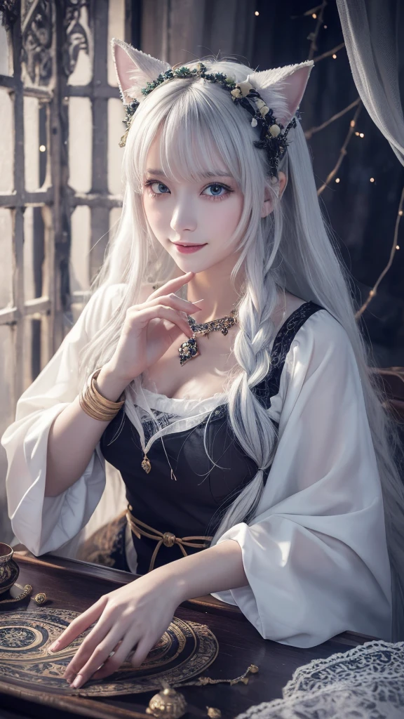 (masterpiece, highest quality, highest quality, official art, beautiful and aesthetic: 1.2), (one girl: 1.3), wavy long hair, white hair, Cat ears on the head,highly detailed portrait, highly detailed hands, looking at the viewer, alone, (whole body: 0.6), detailed background, close, shining eyes, (cold arctic winter theme: 1.1), fortune teller, Charlatan, grin, Mysterious, sitting at the table, カラフルな肩のないゆるいジプシーfortune tellerの服, holy grail, tarot cards, Crystal jade, Medieval (inner tent: 1.1) background, tent curtain on background, dark Mysterious lighting, Shadow, magical atmosphere, starry night, dutch angle, healing and guidance, transcendental beauty, fractal art, Seaweed,