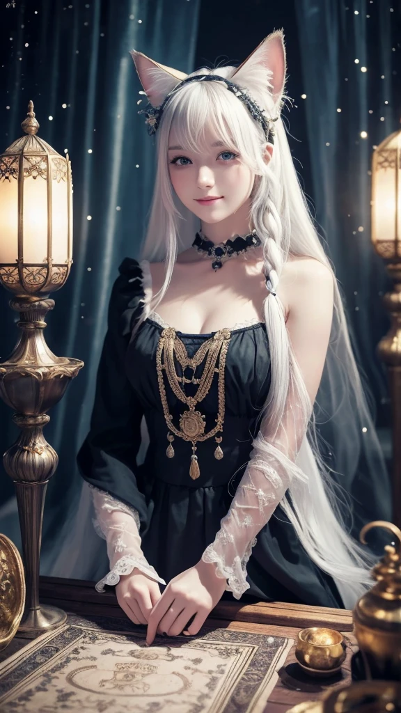 (masterpiece, highest quality, highest quality, official art, beautiful and aesthetic: 1.2), (one girl: 1.3), wavy long hair, white hair, Cat ears on the head,highly detailed portrait, highly detailed hands, looking at the viewer, alone, (whole body: 0.6), detailed background, close, shining eyes, (cold arctic winter theme: 1.1), fortune teller, Charlatan, grin, Mysterious, sitting at the table, カラフルな肩のないゆるいジプシーfortune tellerの服, holy grail, tarot cards, Crystal jade, Medieval (inner tent: 1.1) background, tent curtain on background, dark Mysterious lighting, Shadow, magical atmosphere, starry night, dutch angle, healing and guidance, transcendental beauty, fractal art, Seaweed,