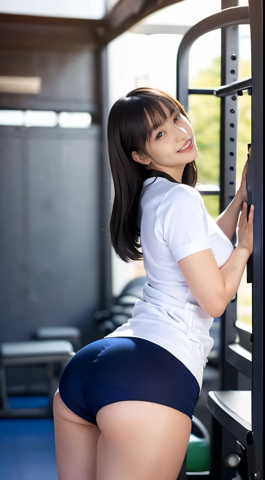 alone、high school girl、White skin、Natural Makeup、Black Hair、bangs、Straight Long Hair、(((White short-sleeved T-shirt on the upper body)))、(((Long white gym clothes)))、(((Very tight bloomers)))、(((Mid rise bloomers)))、(((Navy Bloomers)))、Big Breasts、((Big Ass))、((Round ass)),(((Schoolyard)))、(((Realistic fingers)))、(((Realistic style)))、((Perfect figure))、(((upright)))、(((Rear view)))、(((I will not look back)))、((Accentuate your butt))