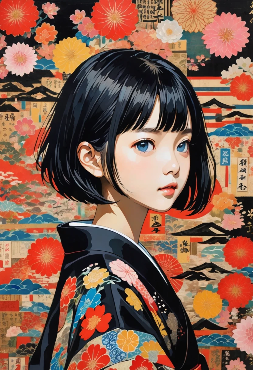 (masterpiece, best quality),
woodblock print collage depicting,japanese girl,girl with black hair,She has straight, glossy black hair and a short bob cut hairstyle,tween,she is surrounded by various japanese-calligraphy and brush symbols,detailed face,black kimono,colorful, collage art, contemporary artistic collage,