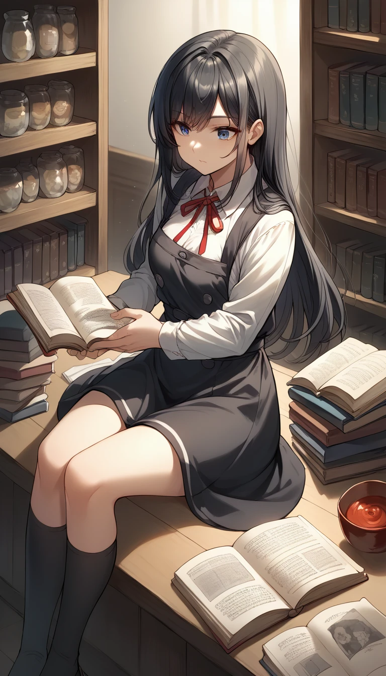 score_9, score_8_superior, score_7_superior, sauce_anime,  asashiokainiKC, Long Hair, shirt,Black knee socks, Long sleeve,Red ribbon,Neck ribbon, Apron dress, blue eyes, study, Black Hair,Reading books