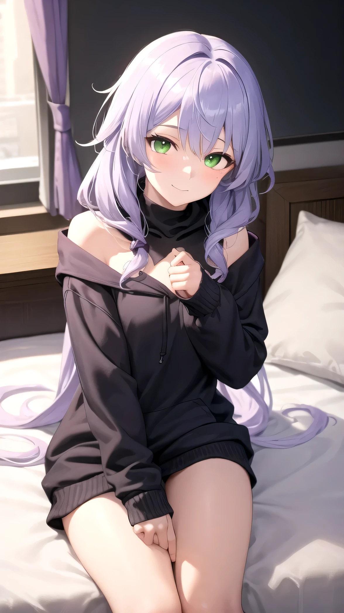 1girl*Background in the room,small smile, purple hairlong hair,green eyes,Robin hsr, Hoodie,black Hoodie,Sitting on the bed ,Small white wing accessory on the shoulder ,