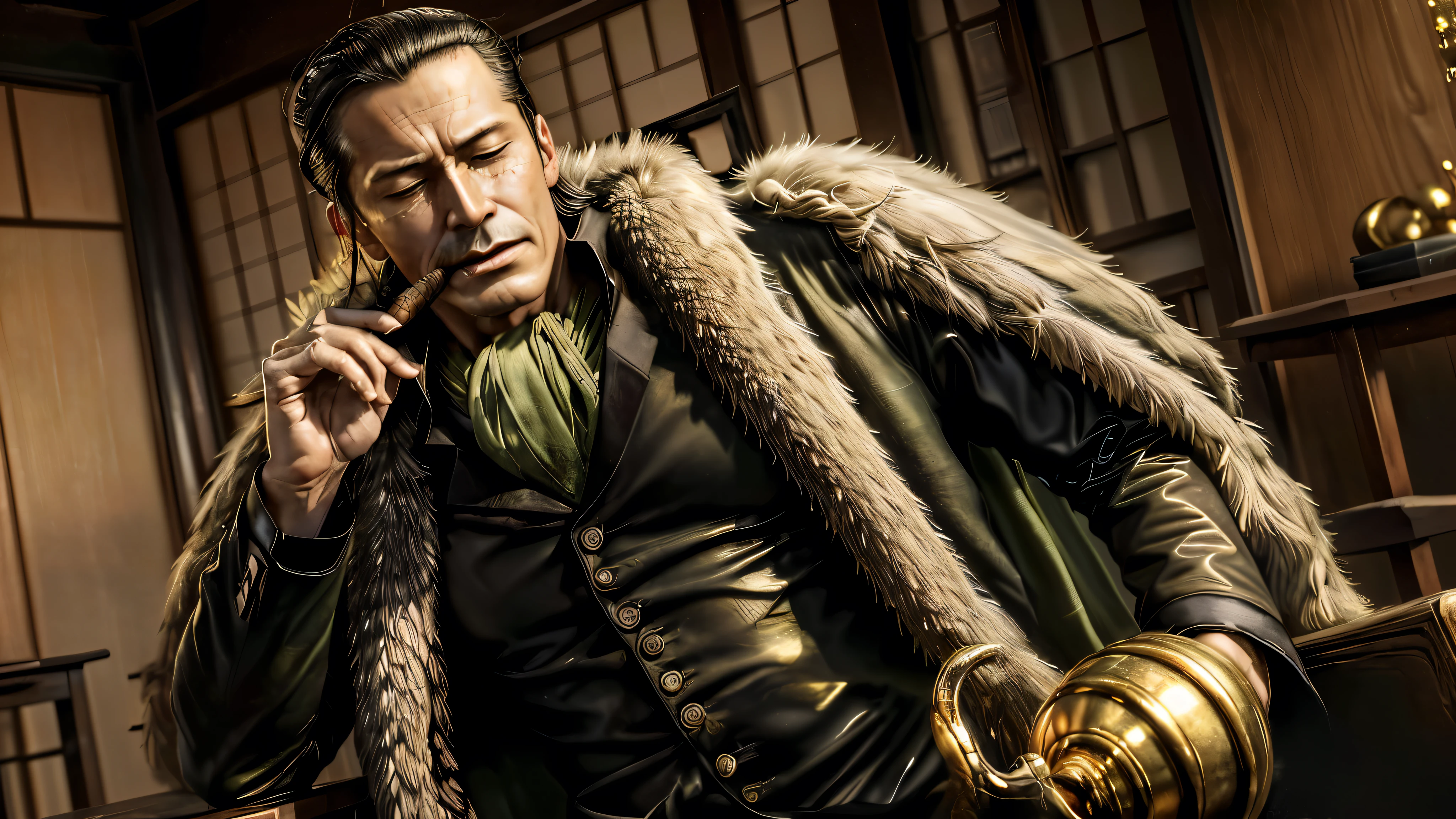 masterpiece, best quality, extremely detailed, hyperrealistic, photorealistic, a cool 40s man, ultra detailed face:1.2, fur-trimmed coat, scarf around the neck, his left hand is a golden pirate hook:1.1, cigar, ryokan, traditional tea house, traditional japanese room, table, matcha, closed eyes